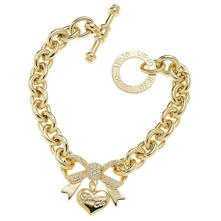 BRACCIALE DONNA LIU JO LJ725 IN OTTONE PVD ORO PENDENTE FIOCCO CON CRISTALLI CUORE LOGATO