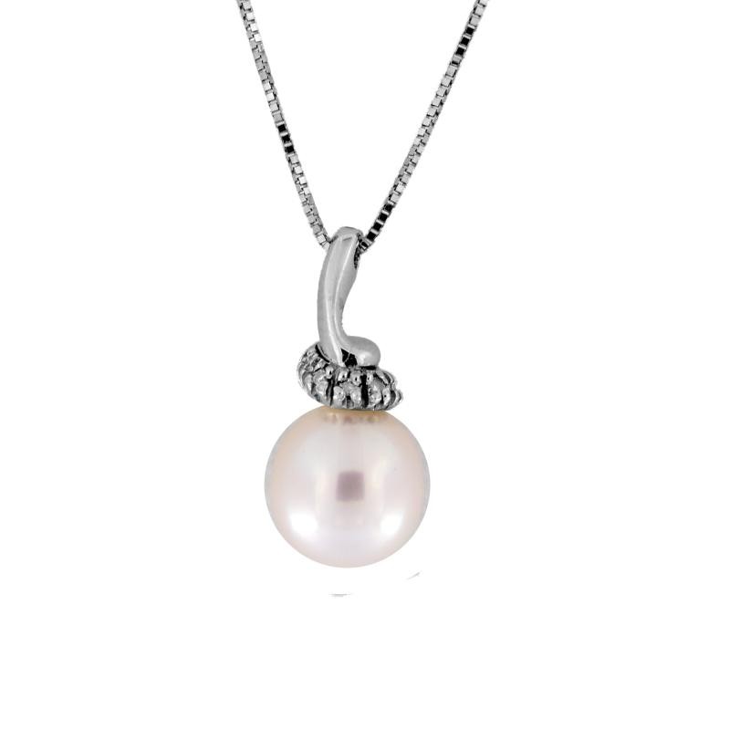 Collana Donna Punto Luce PL109 in Oro Bianco 18k con Diamanti e Perla