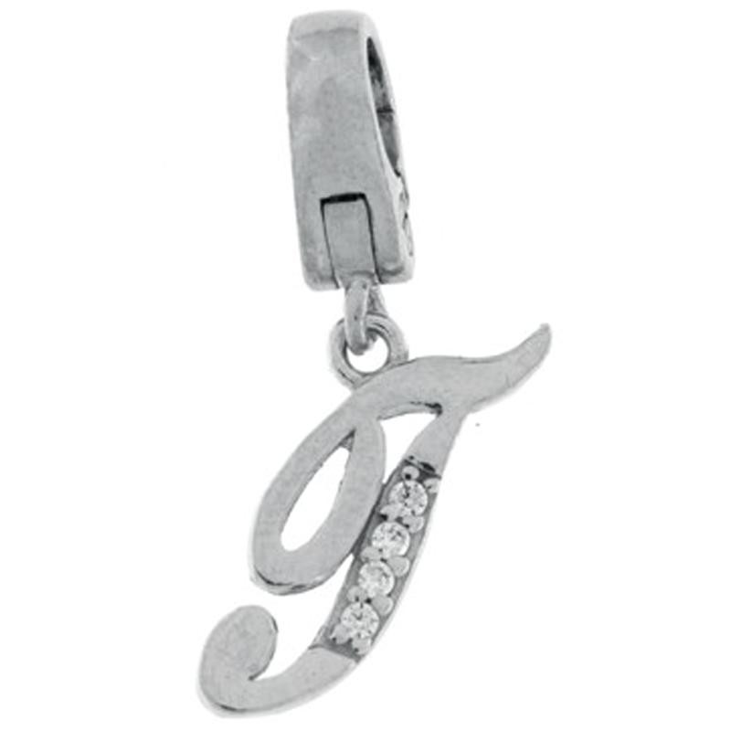 Charm ALT Lettera T dell'alfabeto pendente in argento 925 e zirconi