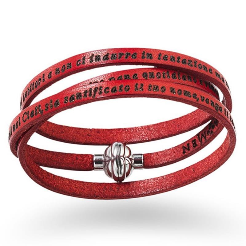 Bracciale In Pelle 3 Giri Amen Classic Pnit23 Colore Rosso Con Preghiera Incisa E Chiusura Magnetica