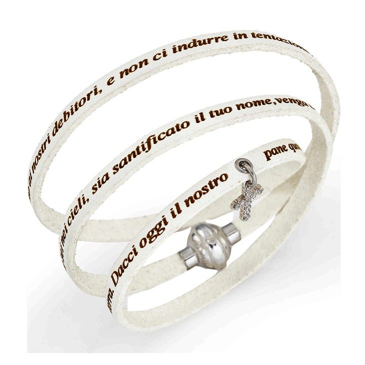 Bracciale In Pelle Bianco Amen As-Pnit07 Con Pendente Croce Con Cristalli E Chiusura Magnetica