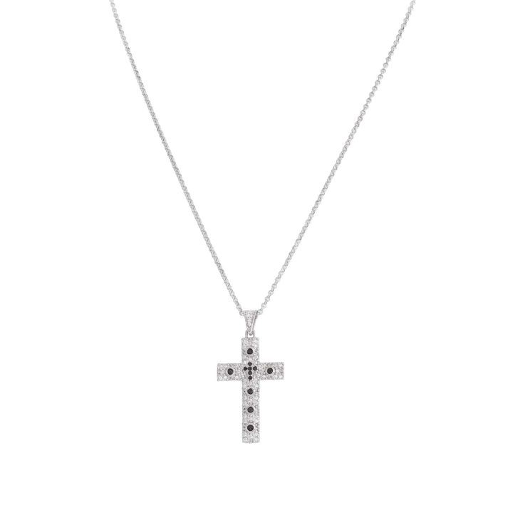 Collana Amen Cczbn In Argento 925 Con Croce Zirconata E Pietre Nere