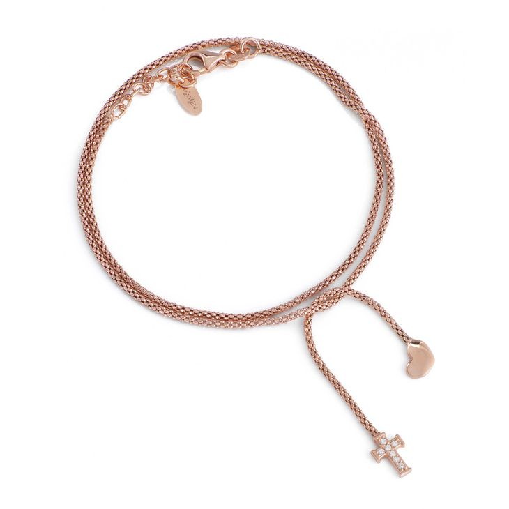 Bracciale Amen Babr2 Ciondoli Cuore E Croce Con Zirconi In Argento 925 Rosato