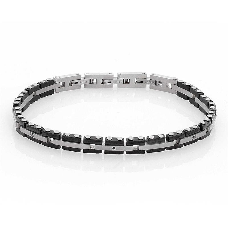 Bracciale Uomo Boccadamo Abr315 Man Accaiaio Nero Cristalli Armband Steel Silver