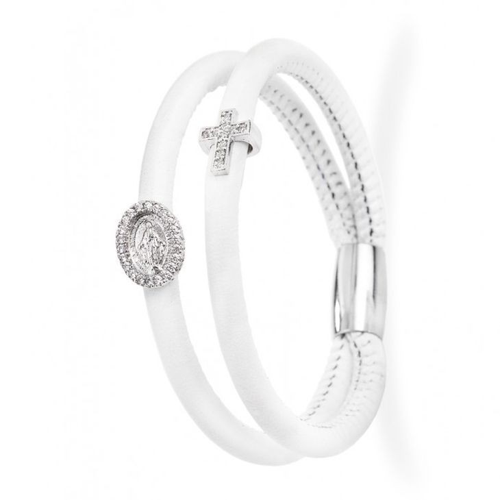 Bracciale In Pelle Bianco Amen Crmi07b Charm Croce E Madonna Zirconati Argento