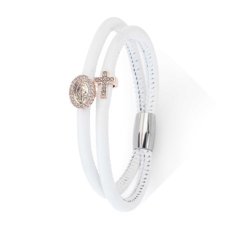 Bracciale In Pelle Nero Amen Crmi07r Charm Croce E Madonna Zirconati Rosato