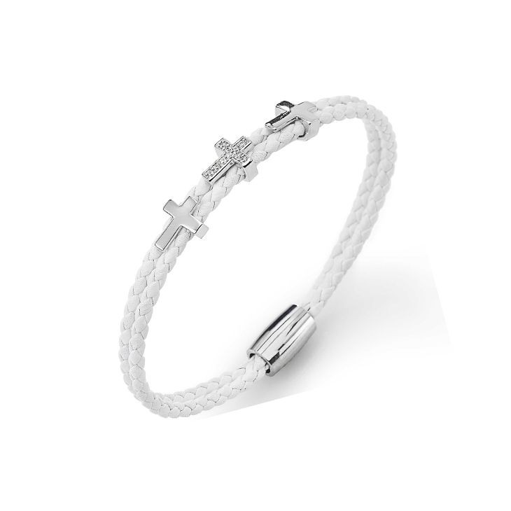 Bracciale In Pelle Intrecciata Bianco Amen Cr307b Con 3 Croci Zirconate Argento 925