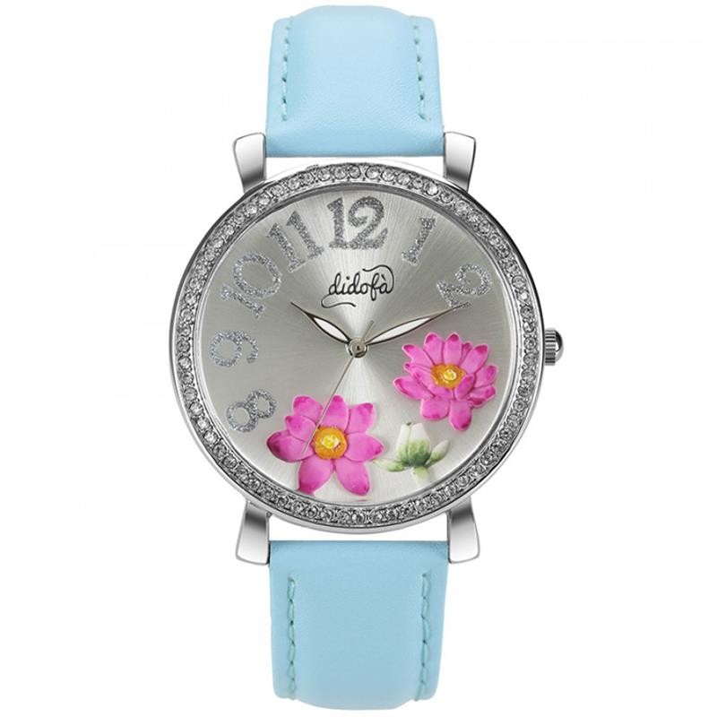 Orologio Solo Tempo Donna Didofa' Lake DF-3020A Silver Fiori Fucsia Pelle Azzurro