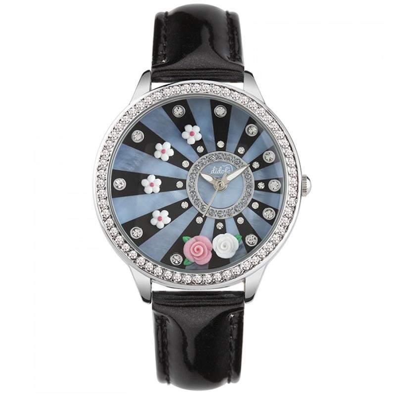 Orologio Solo Tempo Donna Didofa' Roses DF-3016A Quadrante con Fiori Pelle Nero