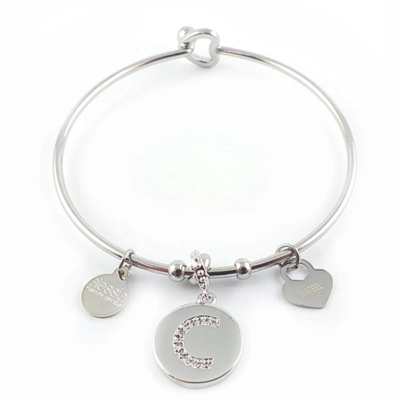 Bracciale Rigido Pendente Ciondolo Donna Alessia Fashion Lettera C con Cristalli Chiusura Cuore