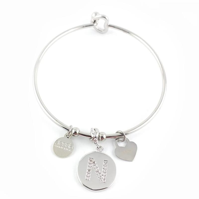 Bracciale Rigido Pendente Ciondolo Donna Alessia Fashion Lettera N con Cristalli Chiusura Cuore