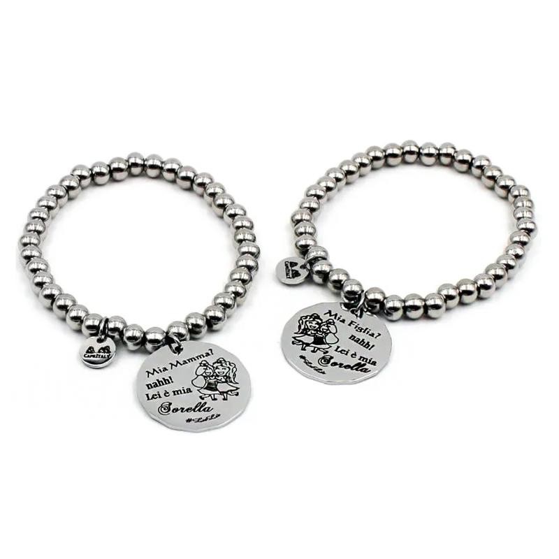 Bracciale Coppia Rigido CAPRITALY SWT05 in Acciaio con Ciondolo e Frase Mamma