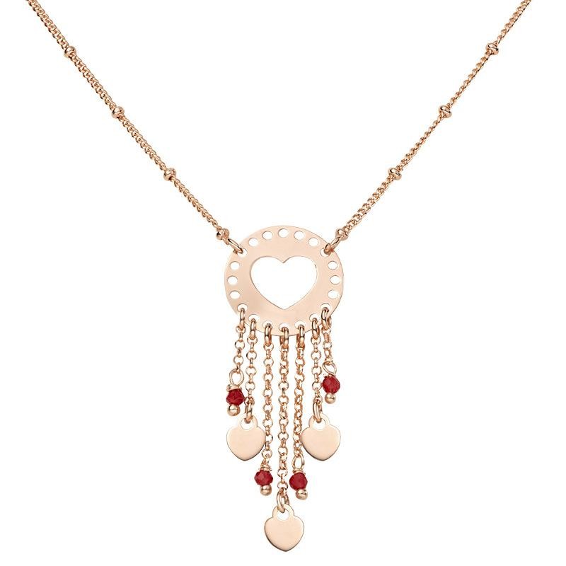 Collana Donna Argento 925 Rosato Amen CLAARR3 Pendente Cuore con Filamenti e Cristalli Rossi