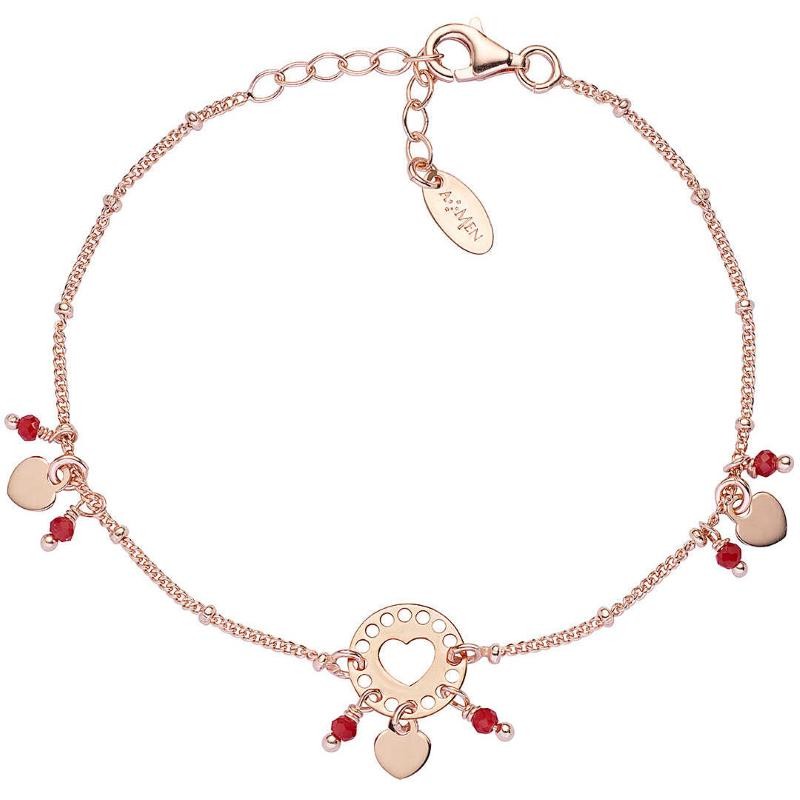 Bracciale Donna Argento 925 Amen BRAARR3 Rosato Cristalli Rossi Cuore Pendenti 16+3cm