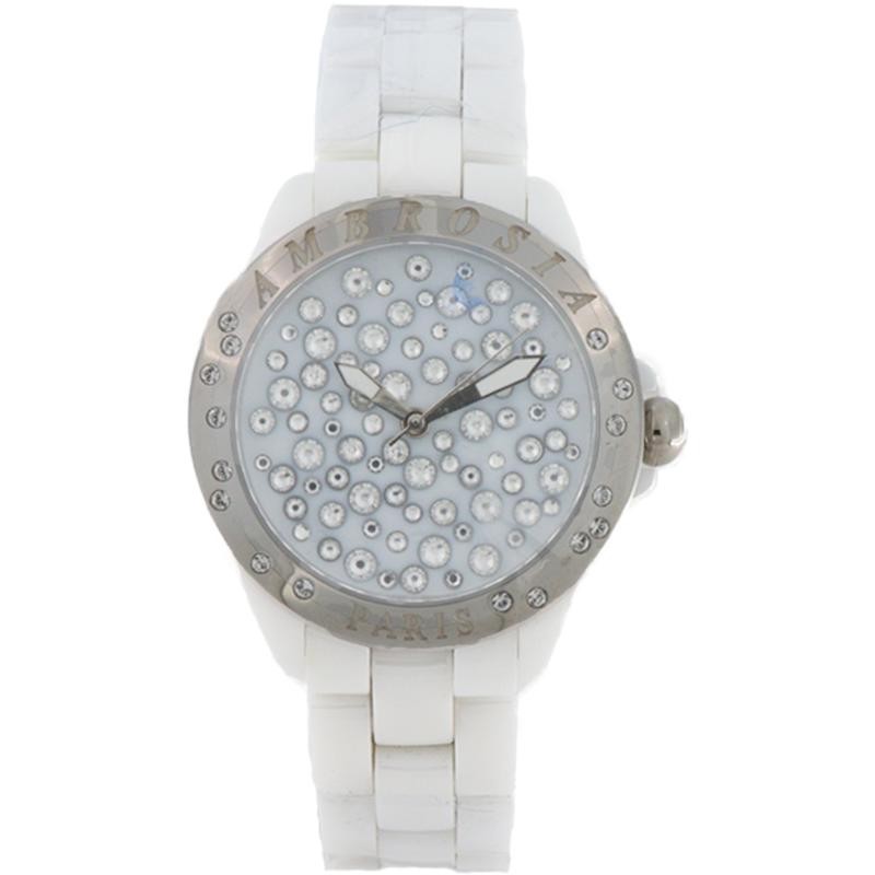 Orologio Donna Ambrosia PARIS1 In Ceramica Bianco Ghiera Argento E Swarovski Bianchi