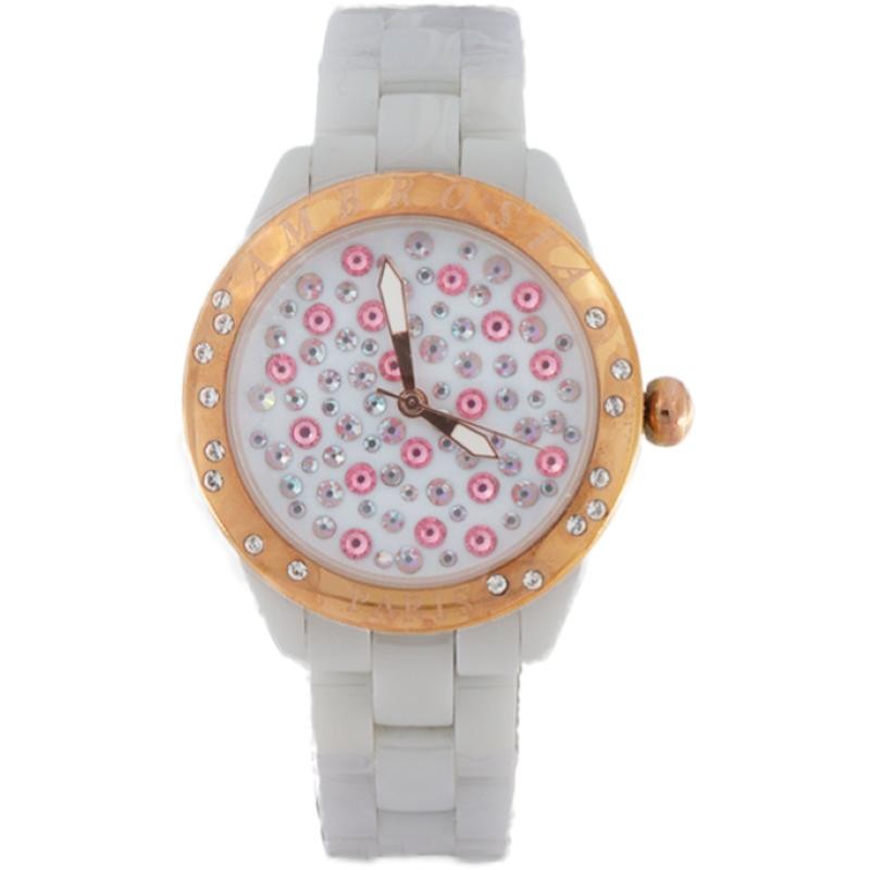 Orologio Ambrosia PARIS3 In Ceramica Bianca E Ghiera PVD Oro Rosa Con Pavè Swarovski