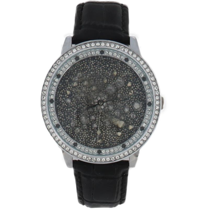 Orologio Da Donna Ambrosia PARIS7 In Pelle Nero Ghiera Argento Con Swarovski Bianchi 