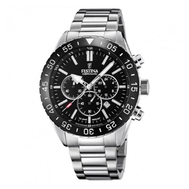 orologio uomo cronografo festina F20575/3 cassa e cinturino acciaio quadrante nero