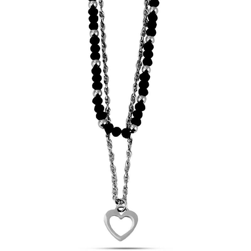 Collana doppio filo LM/GR02 in acciaio 316l e cristalli neri con cuore pendente.
