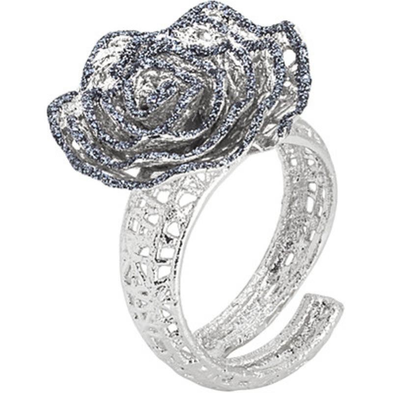 anello donna boccadamo XAN131 in bronzo con rosa decorativa in glitter nero