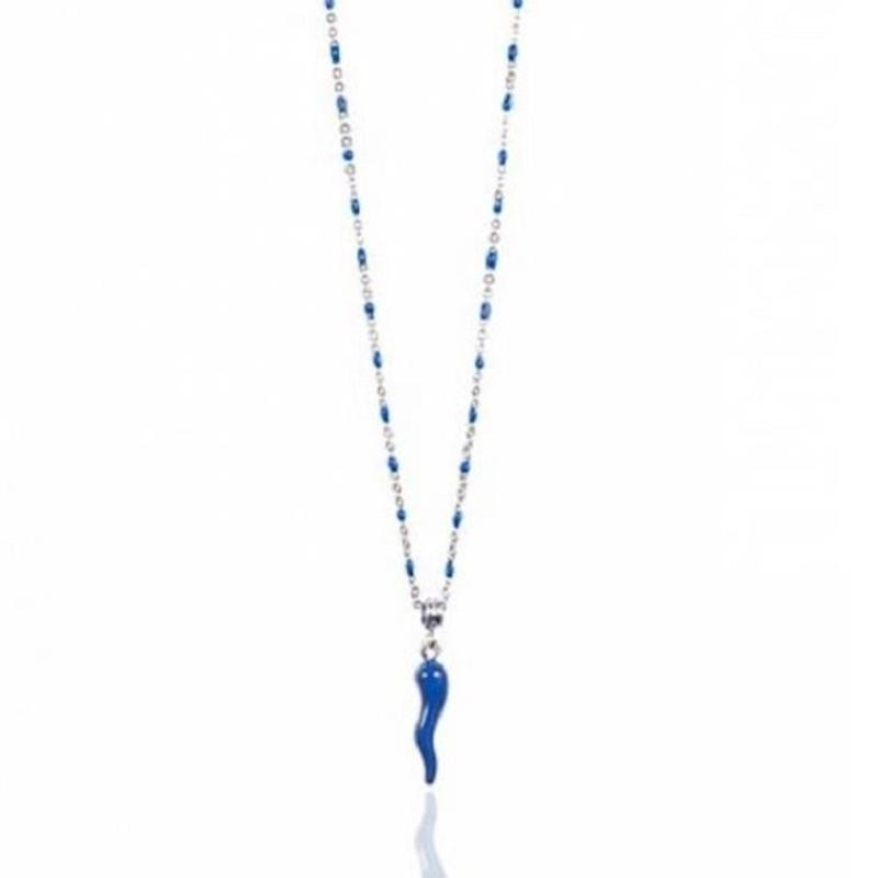 Collana Unisex Gerba CC13 In Argento Rodiato Con Corno Pendente Smaltato Colore Blu