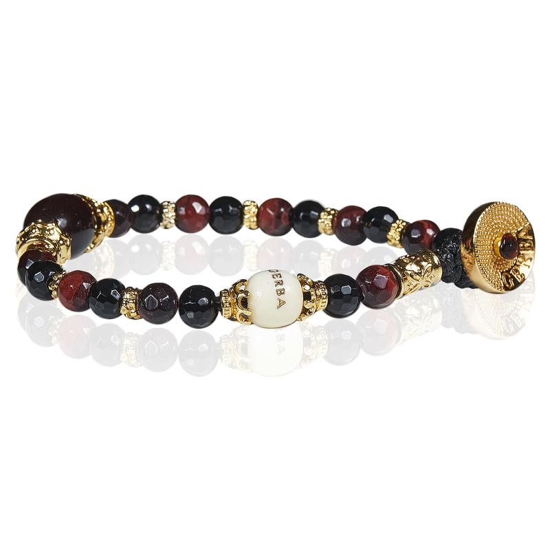 Bracciale Unisex Gerba LAB LW07 Con Perle In Pietra Di Occhio DI Tigre Rosso e Onice Nera