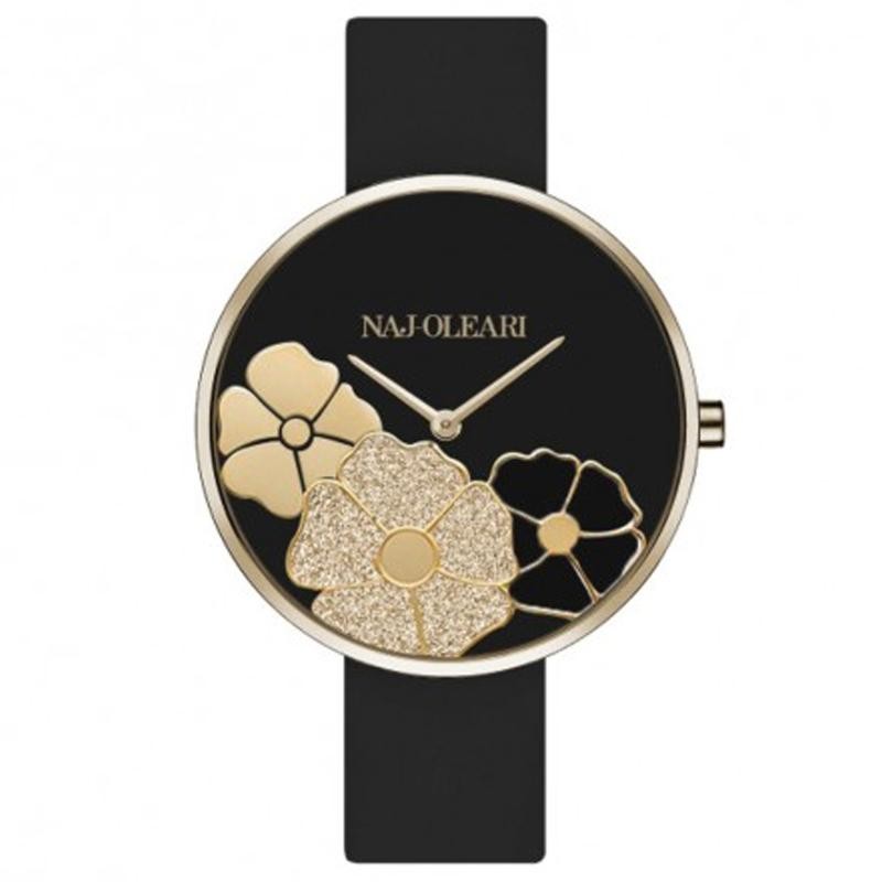 Orologio Da Donna NAJ OLEARI NJ616 In Gomma Nero e Cassa Acciaio PVD Oro Con Tris Di Fiori