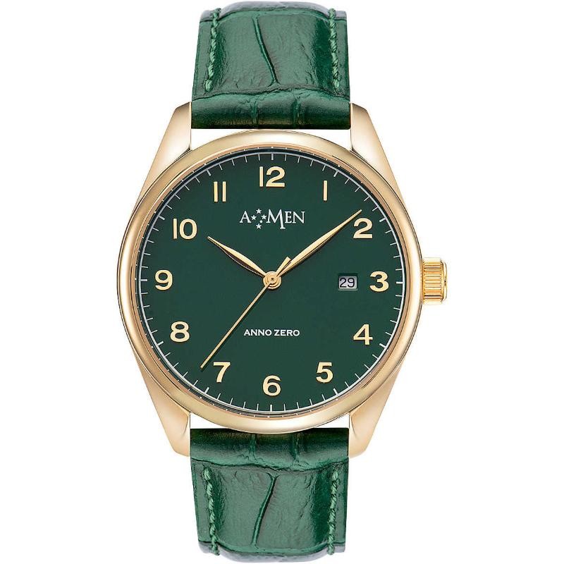 Orologio solo tempo uomo Amen Anno Zero WAZGVV in pelle verde e cassa acciaio dorato