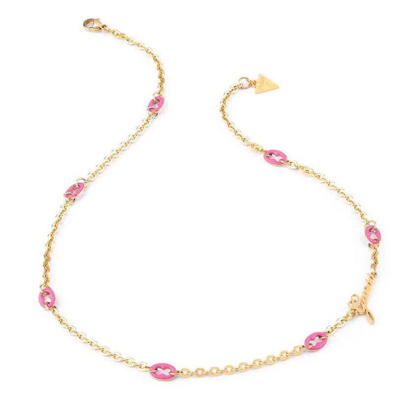 Collana Da Donna Guess Pop Links JUBN01 412JW  In Acciaio PVD Oro Con Dettagli Rosa