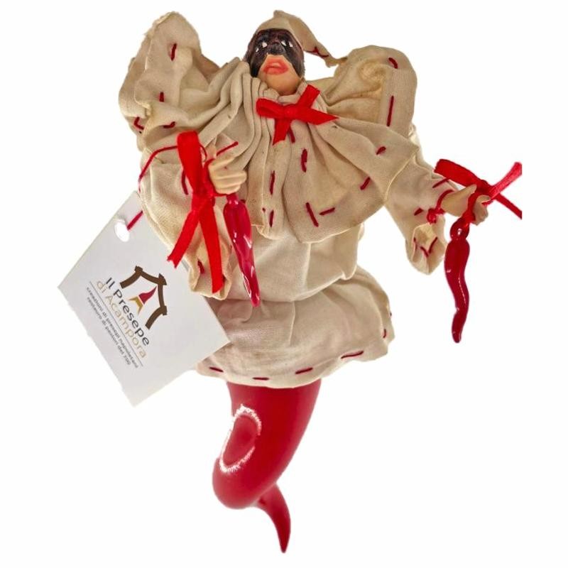 Statuetta Corno Con Pulcinella Portafortuna CORPULCR In Terracotta Colore Bianco-Rosso