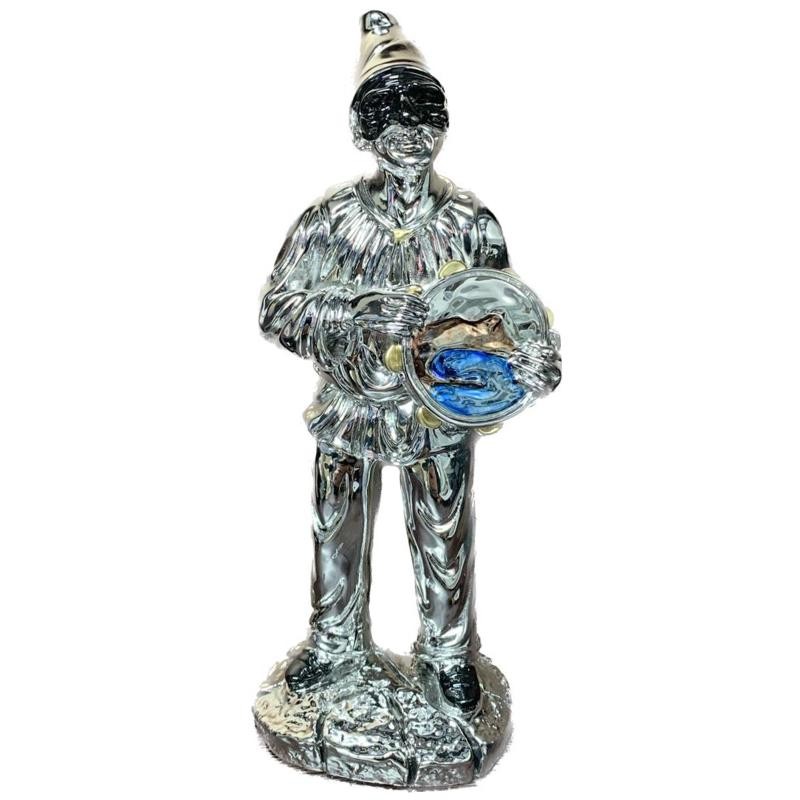 Statua Portafortuna Pulcinella Con Tamburello Veduta Napoli Laminato In Argento 925 -IG587