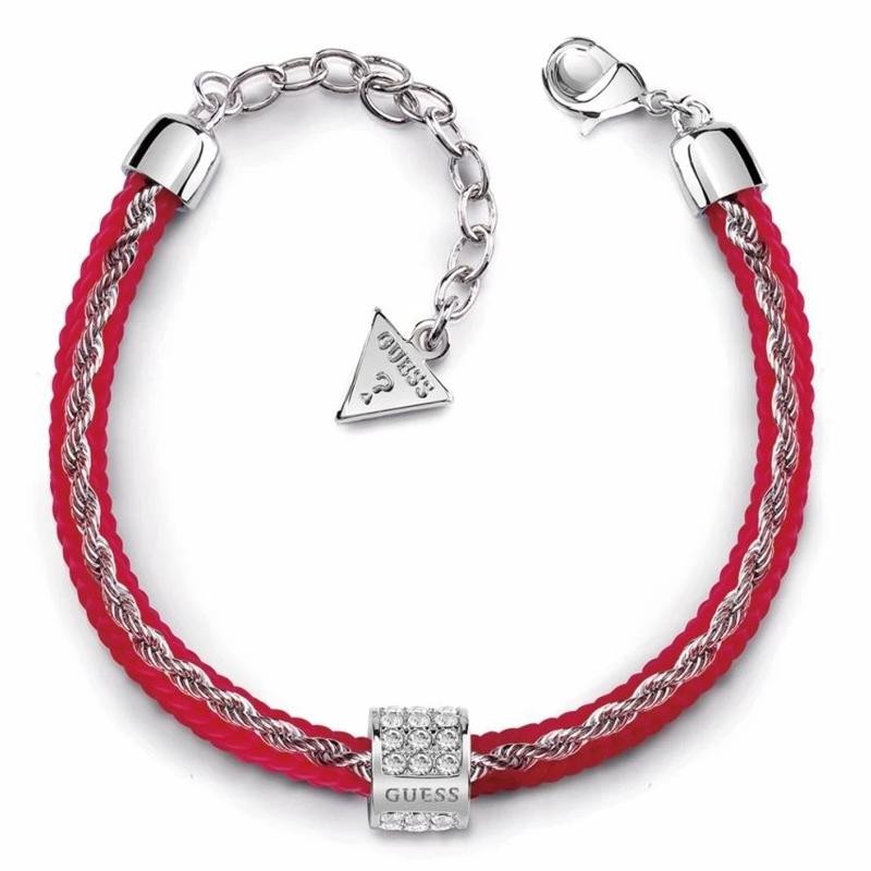 Bracciale Da Donna Guess UBB84103-S In Acciaio E Corda Rossa Con Charm E Cristalli Bianchi