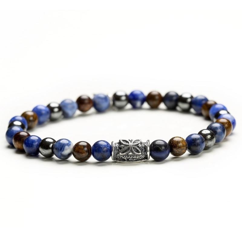 Bracciale Elastico Gerba 245 Pietre Naturali Occhio di Tigre Blu Marrone Inserti Argento 925