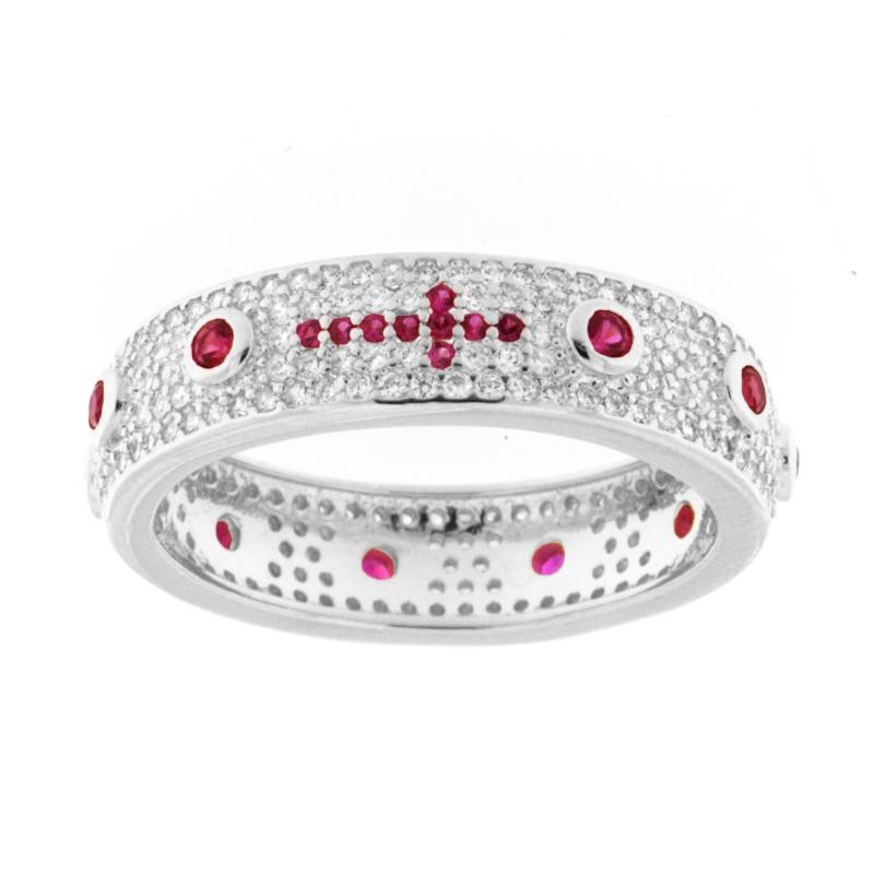 Anello Rosario Unisex Pompei Luxury 0268-R16 Argento 925 Pavè Bianco Zirconi Fucsia Misura 16