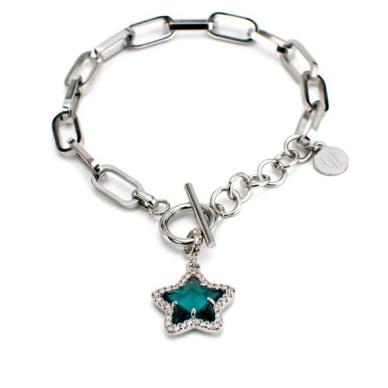 Bracciale a catena ovale MY/BR33 con stella di zirconi e pietra colorata verde tormalina.