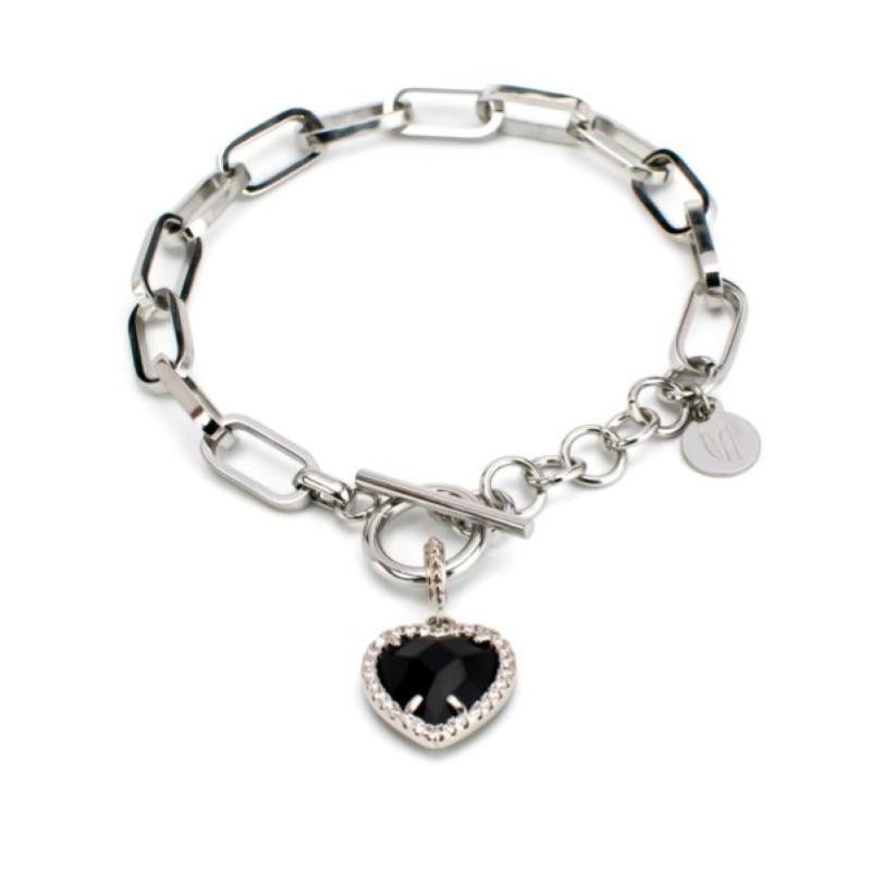Bracciale a catena ovale MY/BR30 con cuore di zirconi e pietra colorata nera