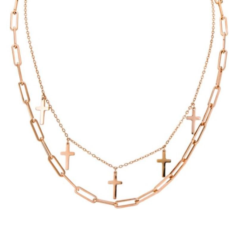 Collana doppio filo color oro rosa MY_GR03 catena corta piccola con crocefissi pendenti.