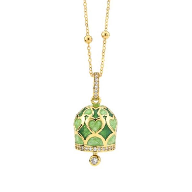 Collana campanella CL/GR06 con cuori verdi smaltati a mano e zirconi