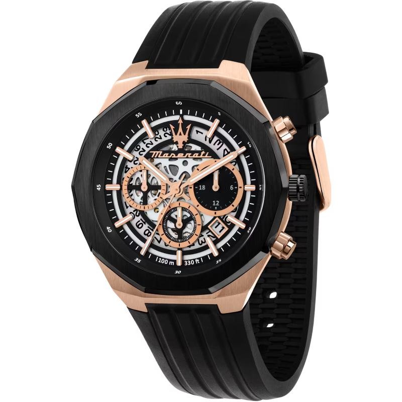 Orologio Uomo Cronografo Maserati R8871642003 Quadrante Nero PVD Rosato Cinturino Silicone Nero