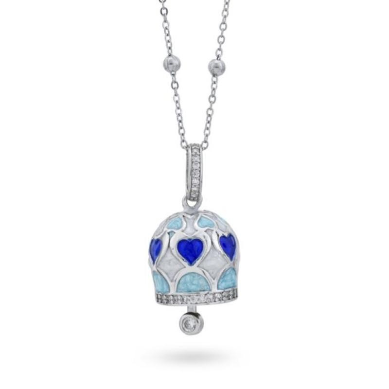 Collana con campanella portafortuna CL/GR17 azzurra e viola in acciaio rodiato