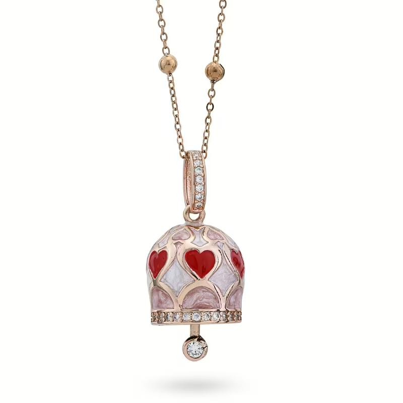 Collana placcata oro CL/GR19 rosa con campanella portafortuna rossa e rosa