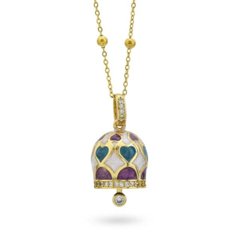 Collana placcata oro giallo CL/GR18 con campanella portafortuna verde e bordeaux
