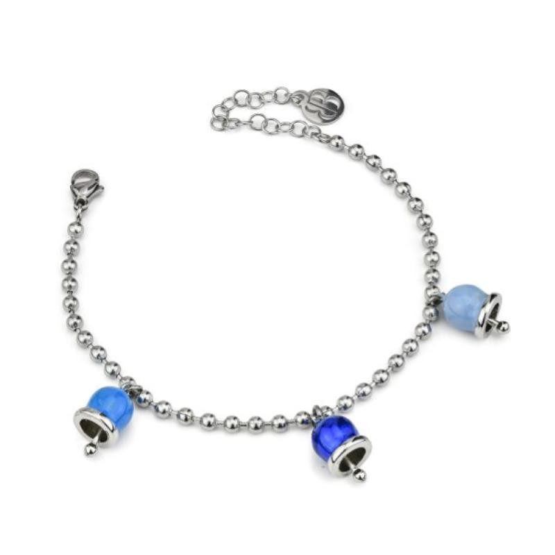 Bracciale con tre campanelle CL/BR09  azzurra, indaco e celeste catena acciaio