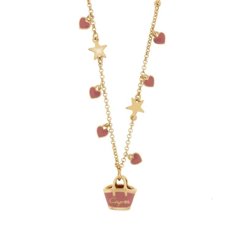 Collana da donna BySimon 3541405 in Metallo placcato oro con borsa e cuori rosa e smalti.