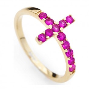 Anello Croce Donna Amen Acogr In Argento 925 Colore Oro Con Cristalli Fucsia Misura 18