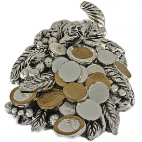 Cornocopia portafortuna 203 contenente frutta e monete laminato in argento