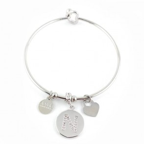 Bracciale Rigido Pendente Ciondolo Donna Alessia Fashion Lettera N con Cristalli Chiusura Cuore