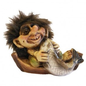 Statua Troll Portafortuna NYFORM 840028 in Latex con Pesce in Mano