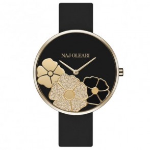 Orologio Da Donna NAJ OLEARI NJ616 In Gomma Nero e Cassa Acciaio PVD Oro Con Tris Di Fiori