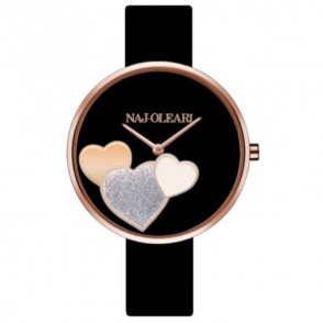 Orologio Da Donna NAJ-OLEARI NJ612 In Gomma PVD Nero E Ghiera Oro Rosa Con Cuori Pavè